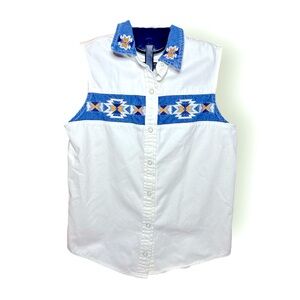 Wrangler women’s small retro sleeveless button down top jean white blue western